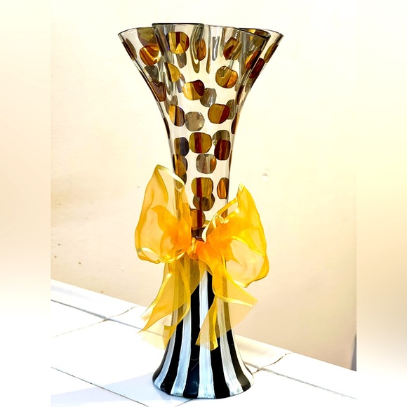 MacKenzie-Childs Other - MacKenzie Childs Clown Gold Polka Dots Ruffled Edges Black & White Stripes Vase